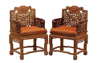 Pair, Chinese Rosewood Carved Armchairs