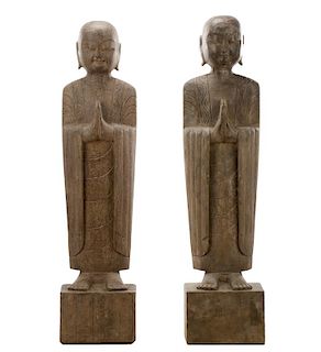 Pair, Carved Gray Stone Entryway Buddhist Lohans