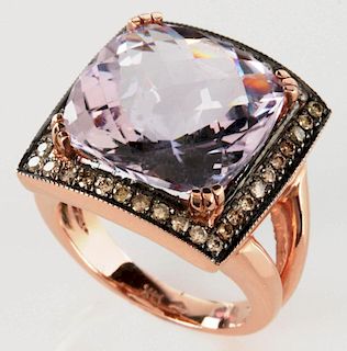 A ROSE QUARTZ AND DIAMOND 14K GOLD COCKTAIL RING