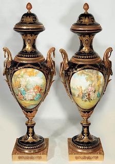 A PAIR MONUMENTAL SEVRES-TYPE FLOOR URNS 57 INCHES HIGH