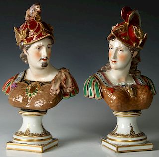 A PAIR 19TH C. CAPODIMONTE-TYPE PORCELAIN BOLTED BUSTS