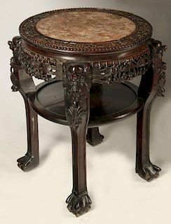 A CHINESE CARVED HARDWOOD AND MARBLE STAND TABLE