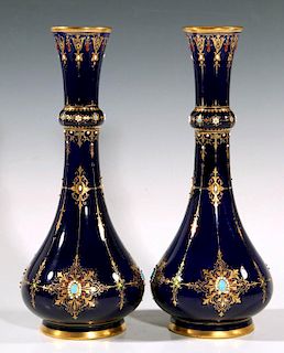 A PAIR OF SEVRES TYPE 'JEWELED' PORCELAIN VASES