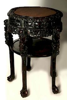 A 19TH C. CHINESE CARVED HARDWOOD AND MARBLE TABLE