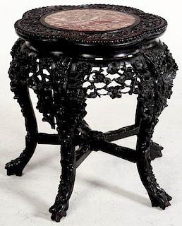 A 19TH C. CHINESE ROSEWOOD AND MARBLE CENTER TABLE