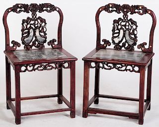 A PAIR OF CHINESE CARVED HARDWOOD CHAIRS WITH MARBLE