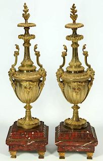 A PAIR 19TH C. BRONZE DORE' AND ROUGE MARBLE GARNITURE