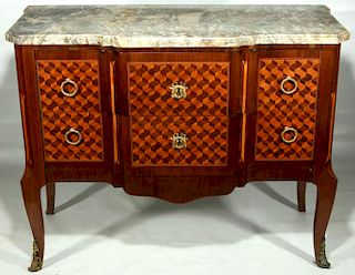 A 19TH C. TRANSITIONAL BRONZE MOUNTED PARQUETRY COMMODE