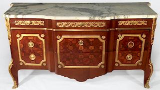 A 20TH C. FRENCH GILT BRONZE-MOUNTED PARQUETRY COMMODE