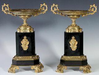 A PAIR OF LATE 19TH C. BRASS AND SLATE TAZZA