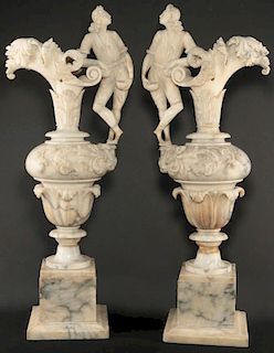 A PAIR EARLY 20TH C. 33-INCH CARVED ALABASTER EWERS
