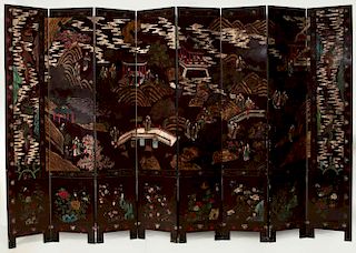 A CHINESE POLYCHROME LACQUERED EIGHT FOLD SCREEN