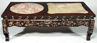 A 19TH C. CHINESE MARBLE INLAID OPIUM BED TABLE