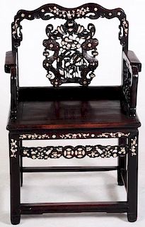 A CHINESE CARVED ROSEWOOD AND SHELL INLAID ARM CHAIR