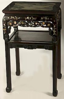 A 19TH C. CHINESE HARDWOOD AND SHELL INLAID SIDE TABLE