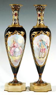 A PAIR OF SEVRES PORCELAIN VASES WITH CHAMPLEVE ENAMEL