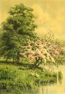David Clark, American (19/20th C) Watercolor on paper. "Spring Landscape With Ducks"