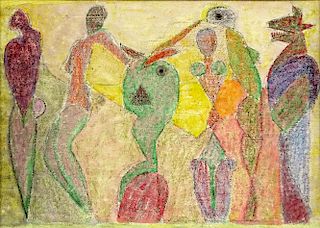 Attributed to: Paul Klee, Swiss (1879-1940) Oil on board "Figural Abstract"