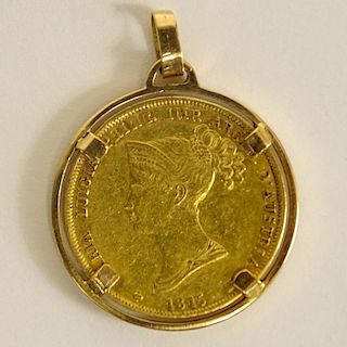 1815 Duchy of Parma 40 Lire Marie Louise Gold Coin with 14 Karat Yellow Gold Bezel.
