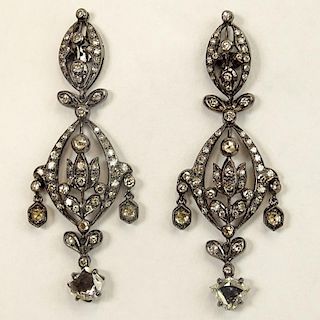 Lady's Approx. 2.32 Carat Rose Cut & Mine Cut Diamond and 18 Karat White Gold Chandelier Earrings.