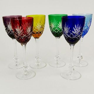 Set of Six (6) Faberge Crystal Odessa Colored Hock Wine Glasses in the original box with COA.