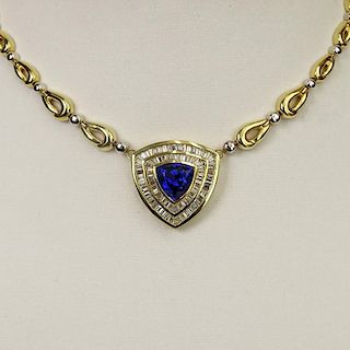 Lady's Large Gem Quality Tanzanite, Diamond and 18 Karat Gold Necklace set in the Center with a 9.27 Carat Trapezoidal