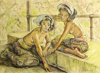 Adrian Jean Lemayeir Demerpres, Belgian (1880-1958) Pastel on Paper, Balinese Girls.
