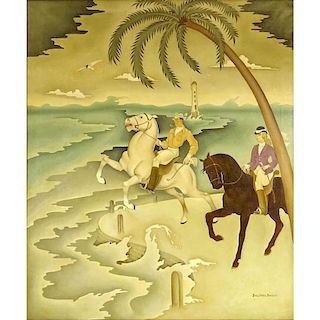 Barna Basilides, Hungarian (1903-1967) Oil on Canvas, Horse Riders in Tropical Landscape.
