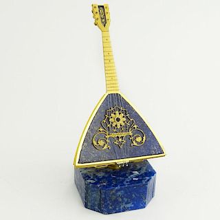Russian 800 Gilt Silver and Lapis Lazuli Mandolin on Base. Signed 800 and Russian Hallmarks.