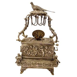 Rare Antique German Silver Ornate Signing Mechanical Bird Box. Figural Motif. Working Order, key included.