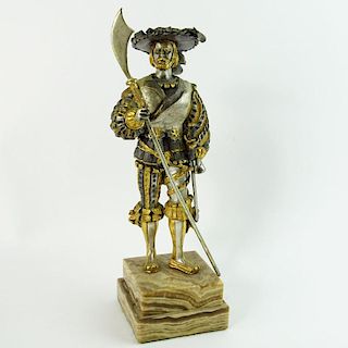 Modern Gilt and Silvered Bronze Figure of a Cavalier on Stepped Marble Base.