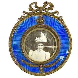 19th C Russian Guilloche Enamel Silver Miniature Frame. Set with old European cut diamonds and rubies.
