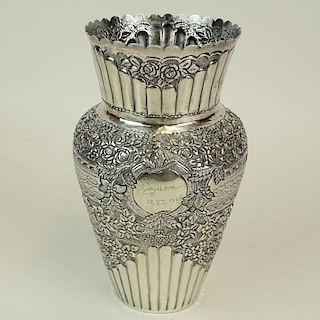 Vintage 800 Silver Repousse Vase. Pretty floral motif. Engraved cartouche dated 1946.