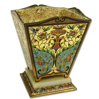 Early 20th Century Probably French Cloisonné Enamel and Gilt Bronze Cachepot with Alabaster Base.