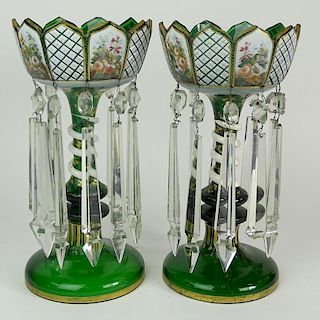 Pair Antique Bohemian Glass Mantle Lusters with Glass Snake Wrap. Hand painted enamel and parcel gilt. Long prisms.