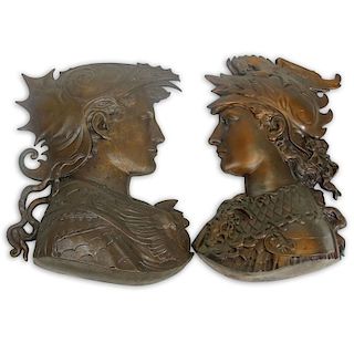 Pair of Vintage Patinated White Metal Figural Relief Plaques.