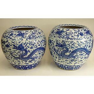 Pair of 20th Century Chinese Ming style Blue and White Porcelain Jardinières.
