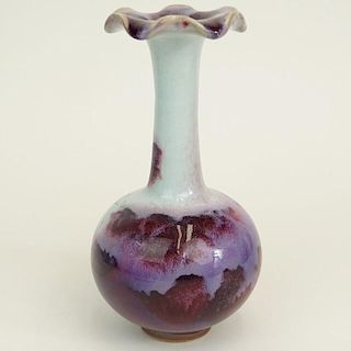 Fine Antique Chinese Flambé Glazed Bulbous Vase With Ruffled Rim.