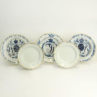 Collection of Five (5) Antique Meissen Porcelain Plates. Includes a pair with gold decorated rims.