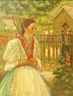 20th Century Possibly Hungarian Oil on Canvas, Peasant Girl.