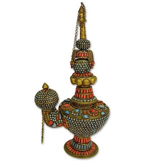 Vintage Indian Nepal Turquoise Coral and Brass Ceremonial Oil Lamp.