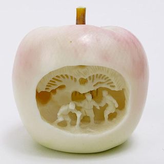 Vintage Chinese Miniature Carved Ivory Apple With Three Figures Under a Tree.