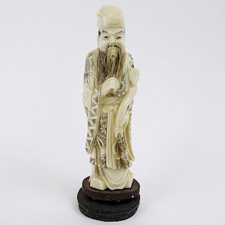 Vintage Carved Chinese Ivory Figure  on hardwood stand of a Man Holding a Ruyi.