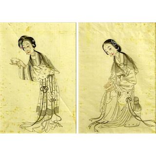 Pair of Vintage Japanese Watercolors on Silk. "Ladies".