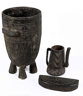 Democratic Republic of the Congo Kuba Style Demi Lune Wood Box, Plus Footed Drum Shell and Pitcher 
