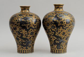 ASSEMBLED PAIR OF CHINESE GOLD-GROUND PORCELAIN DRAGON VASES