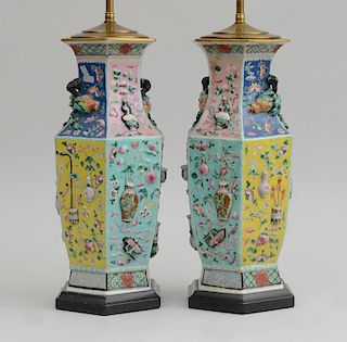 PAIR OF CHINESE FAMILLE ROSE PORCELAIN HEXAGONAL VASES, MOUNTED AS LAMPS