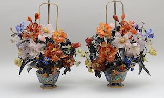PAIR OF CHINESE CLOISONNÉ AND HARDSTONE FLORAL JARDINIÈRES, MOUNTED AS LAMPS