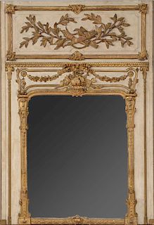 LOUIS XVI STYLE CREAM PAINTED AND PARCEL-GILT TRUMEAU MIRROR