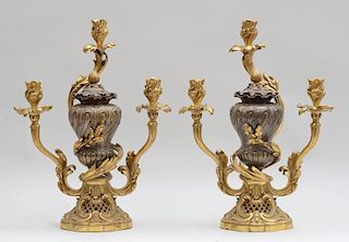 PAIR OF LOUIS XV STYLE GILT-BRONZE AND PATINATED BRONZE CANDELABRA